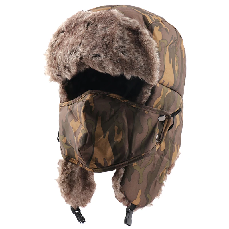 

CAMOLAND Winter Men Trapper Trooper Hat Women Camouflage Earflap Cap Thermal Faux Fur Bomber Hat Russian Ushanka Snow Skiing Cap