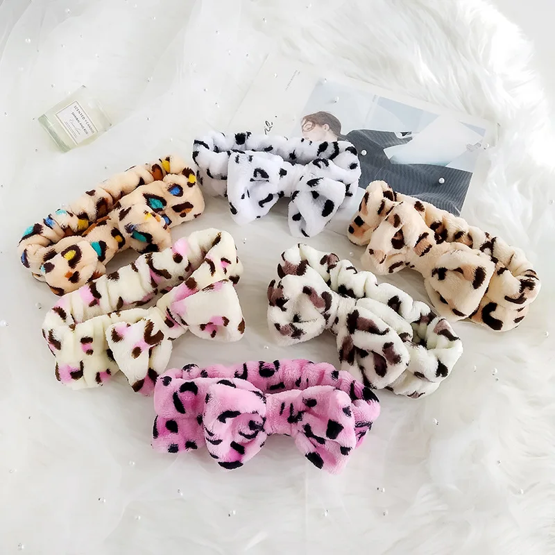 

Leopard print headband for women ladies elastic bow plush headgear for girls shower face wash headgear headband hair band