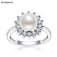 2021 new simple freshwater pearl ring 925 silver with diamonds 8mm freshwater white pearl ring