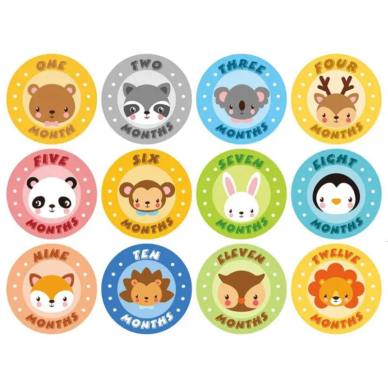 Pegatinas mensuales para beb&eacute;, pegatinas de animales para el primer a&ntilde;o, mes de edad, hitos de crecimiento, Unisex, de 1 a 12 meses-2