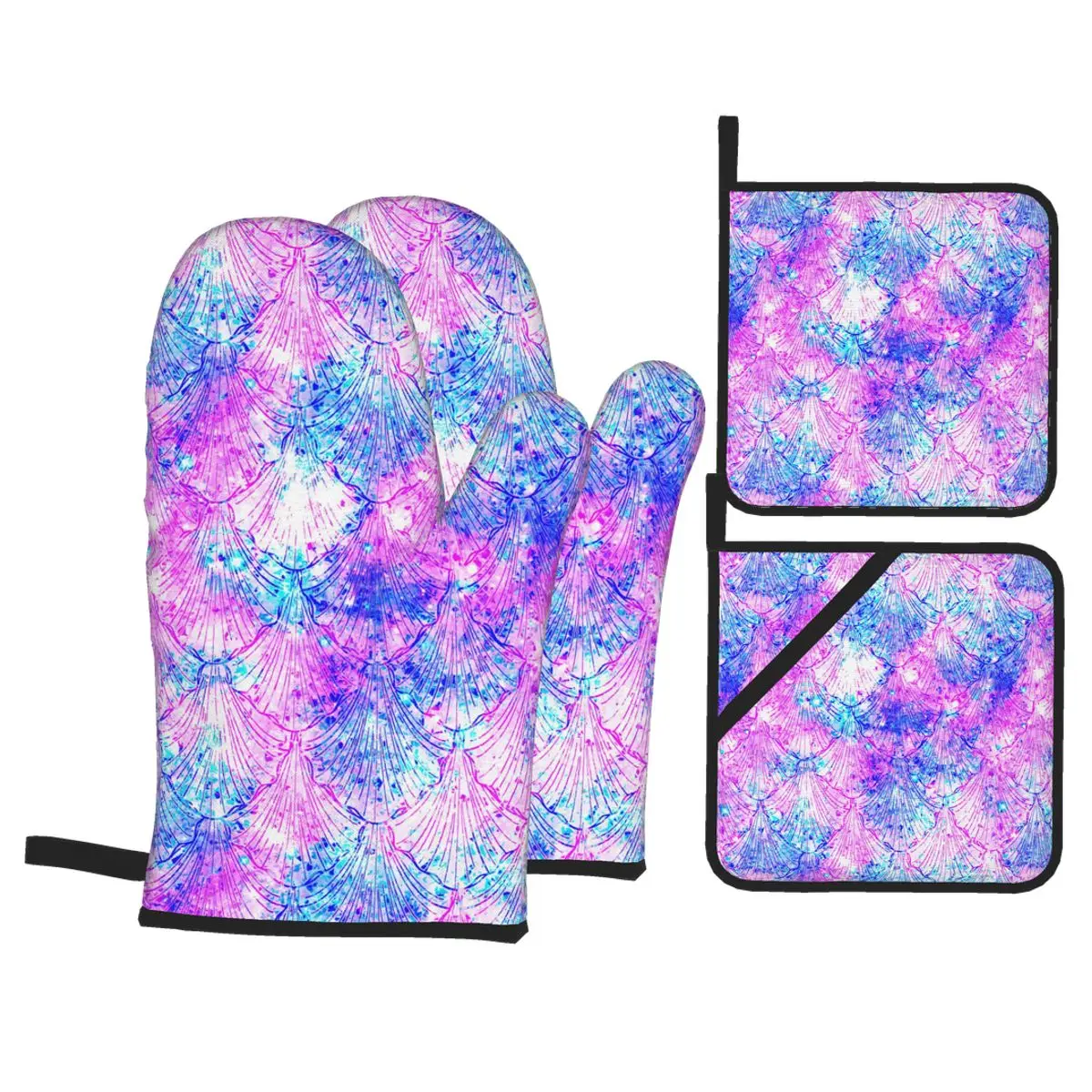 

4 Pieces Polyester Kitchen Cooking Microwave Gloves Mermaid Galaxy Print Baking BBQ Potholders Oven Mitts