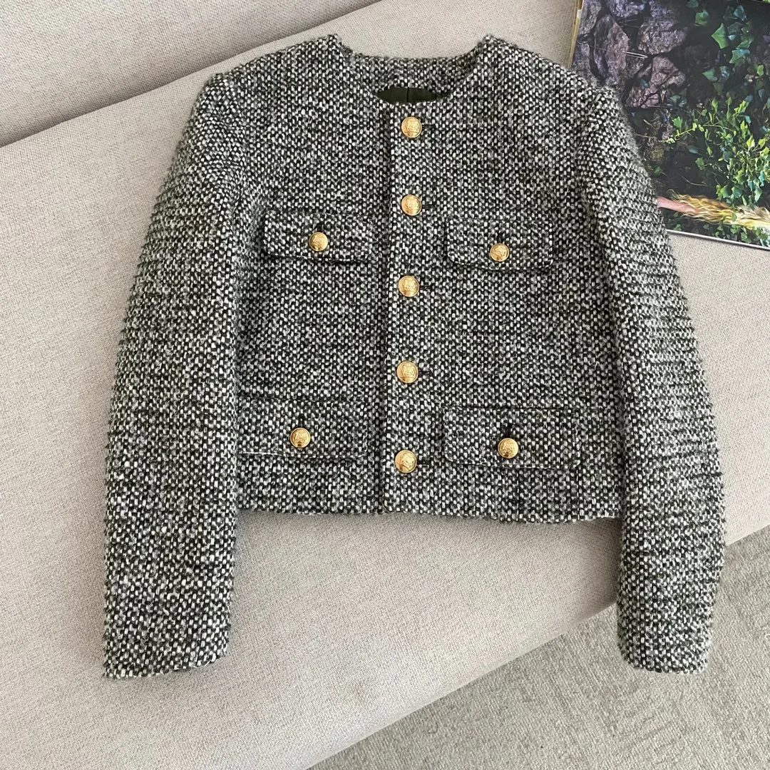 

Korean Fashion Double Breasted Gray Wool Coat Female 2021 Casual O-neck Long Sleeve Short Winter Jacket Women Streetwear