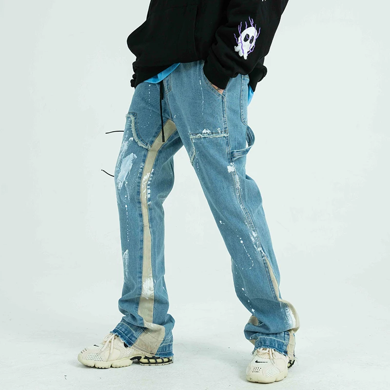 Color Block Painted Streetwear Drawstring Jeans Men Frayed Side Ribbon Loose Casual Denim Trousers Hip Hop Harajuku Couple Pants