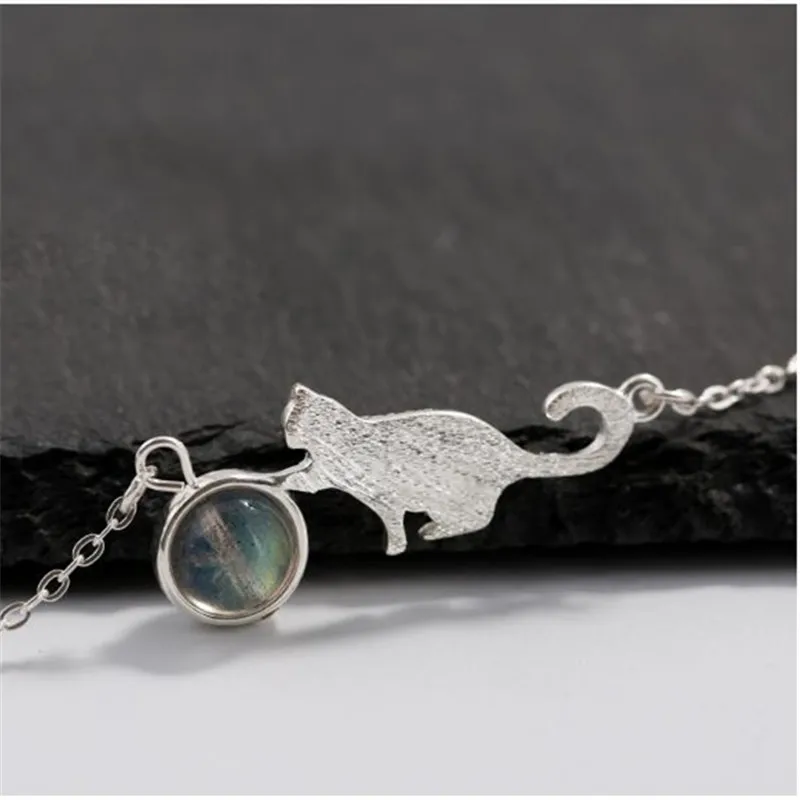 Мода 925 стерлинговый серебряный с лунным камнем кошка Шарм браслет и для женщин
