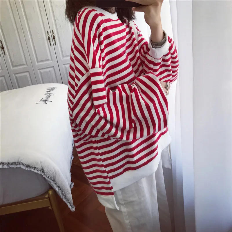 

Hoodies Women Long Sleeve Simple All-match Fashion Korean Style O-Neck Daily Striped Womens Clothing High Quality Leisure Chic
