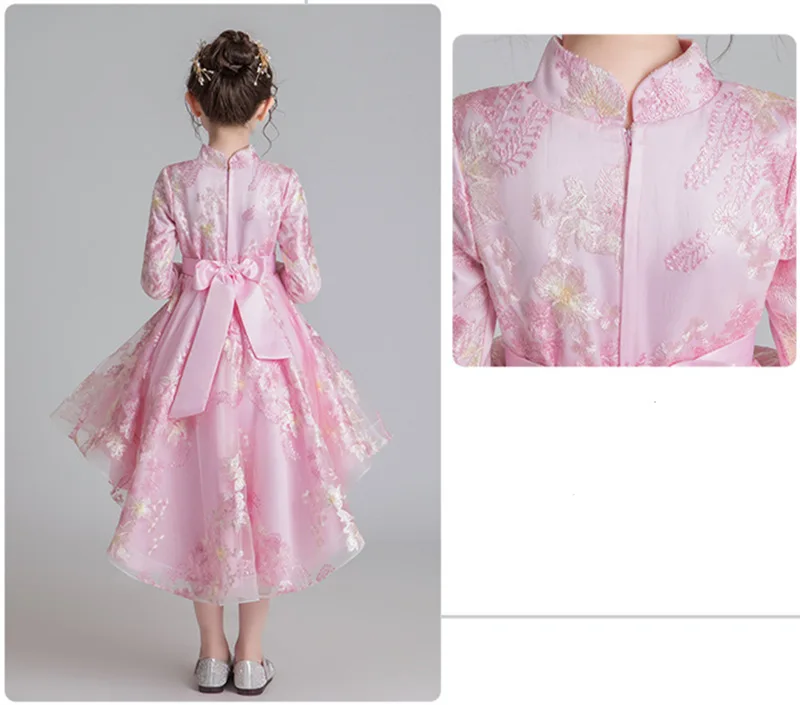 Flower Embroidered Long Sleeve Autumn Winter Bow Lace Tutu Girl Princess Dress Costumes Clothes Show Evening Party Dress WG-1210