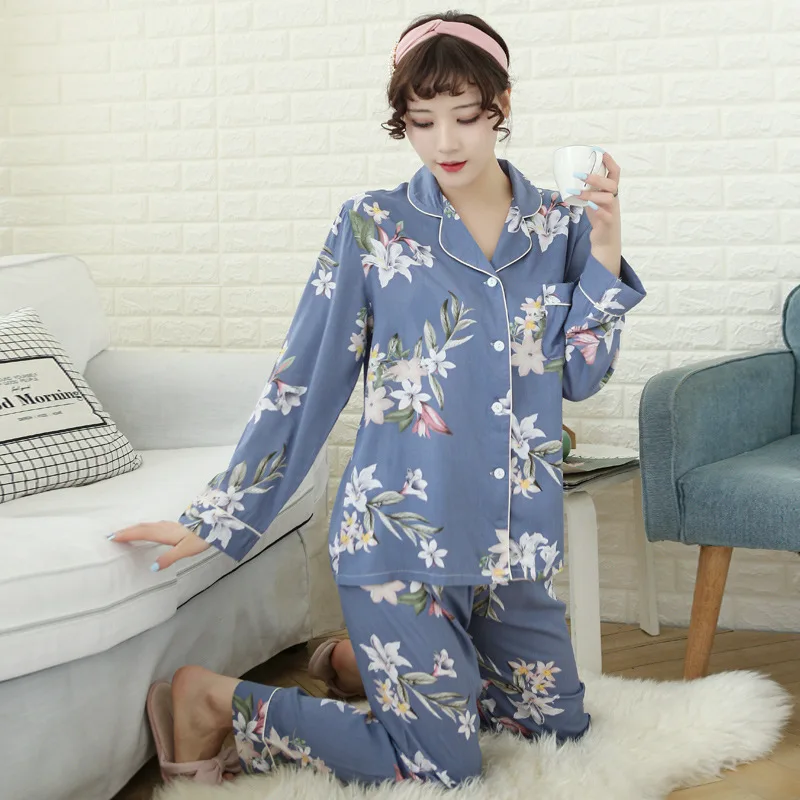 

Young Lady 2PCS Pajamas Suit Cherry Print Turn-down Collar Shirt&Pant Sleepwear Casual Cotton Pijama Spring Home Clothes