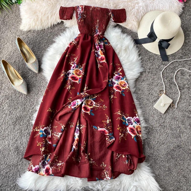 Boho 2021 сексуальный цветочный принт с открытыми плечами платье миди длинным