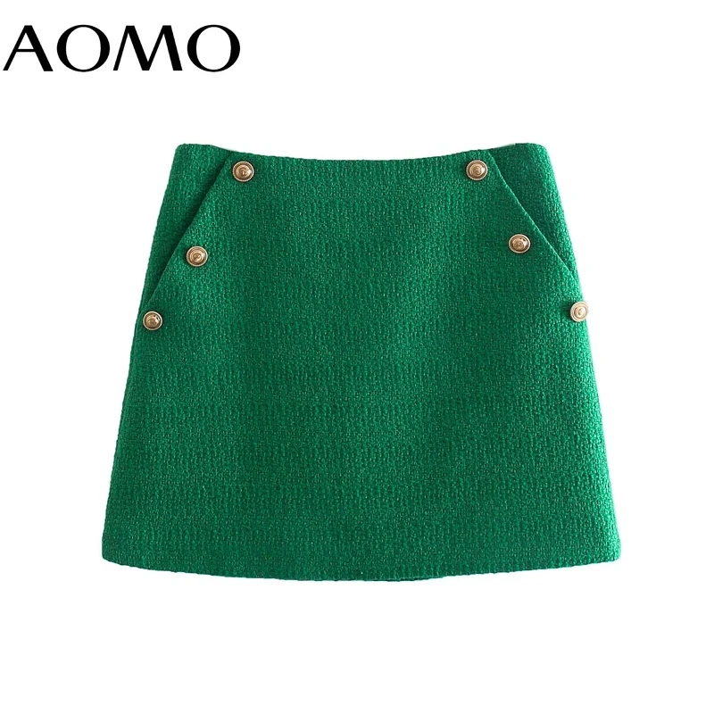 

AOMO 2021 Women Green Tweed Skirts Faldas Mujer Zipper French Style Female Mini Skirt 8Y195A