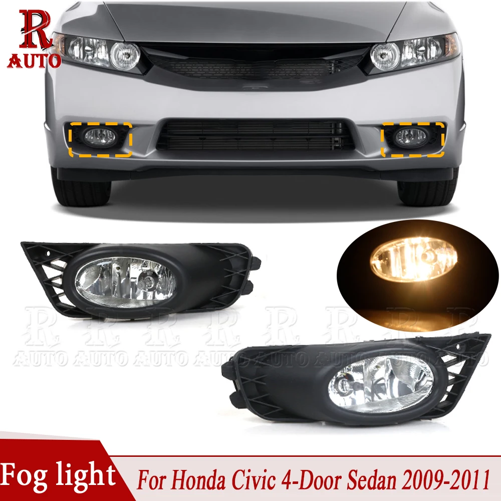 Luz antiniebla de parachoques delantero para coche Honda Civic, conjunto de lámpara antiniebla de izquierda y derecha con bombillas, 4 puertas, sedán, 2009, 2010, 2011, R-AUTO