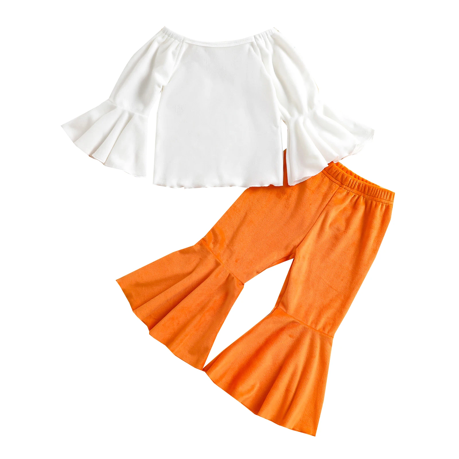 

2 шт., детский Однотонный пуловер с открытыми плечами и расклешенными рукавами