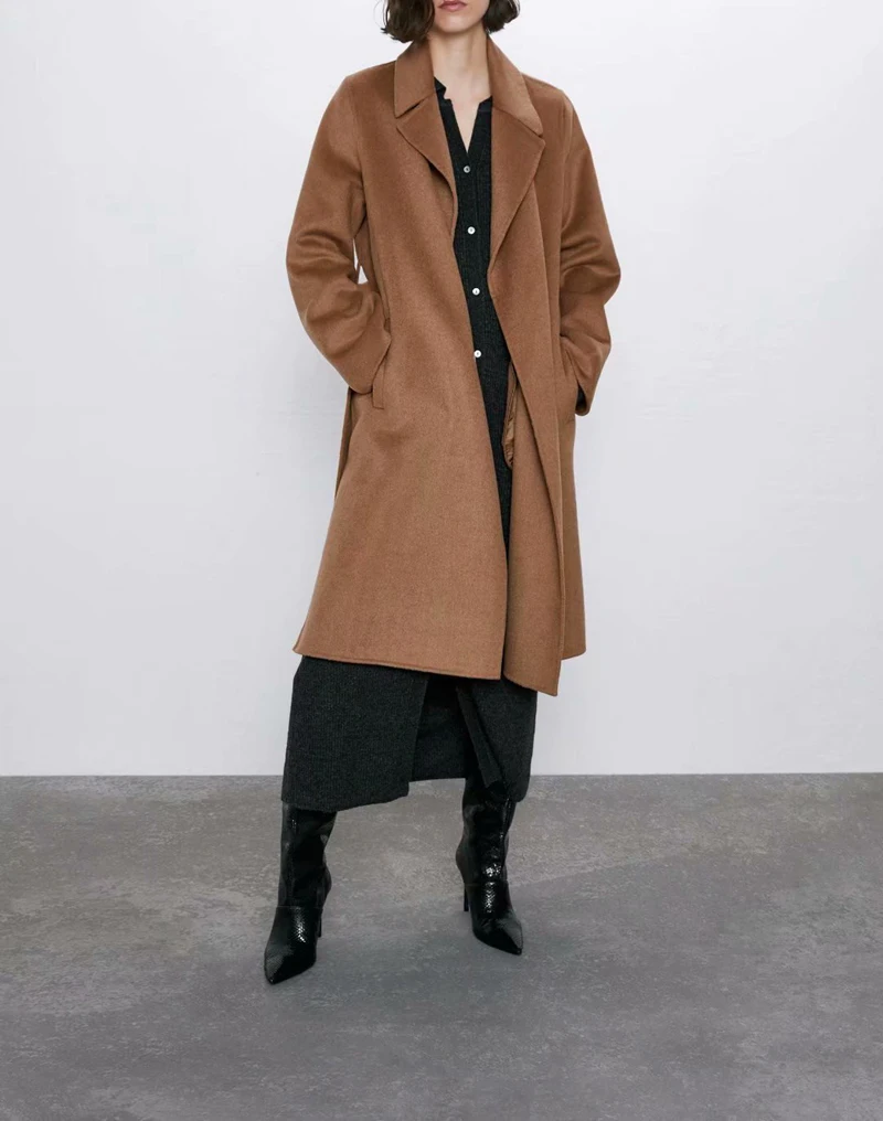 

Plus Size Slim Woolen Coat Lady Office Turn Down Collar Solid Color Long With Belt Wool Blends Overcoat Autumn Outwear XZ2256