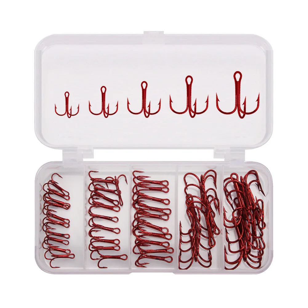 

50PCS Treble Hooks Nickel Fishing Hooks High Carbon Steel Small Round Bend Triple Hard Lure Spoon Fishhook with Plastic Box Red