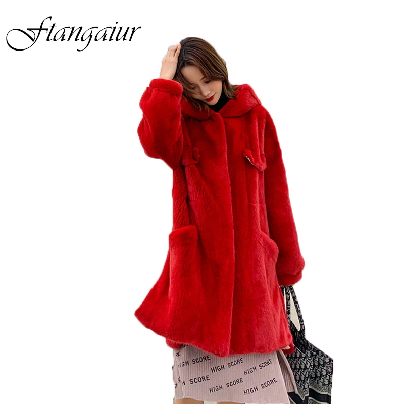 

Ftangaiur New Winter Import Velvet Mink Coat With Fur Hood Pure Red Loss Natural Fur Coat Women Medium Real Mink Fur Coats