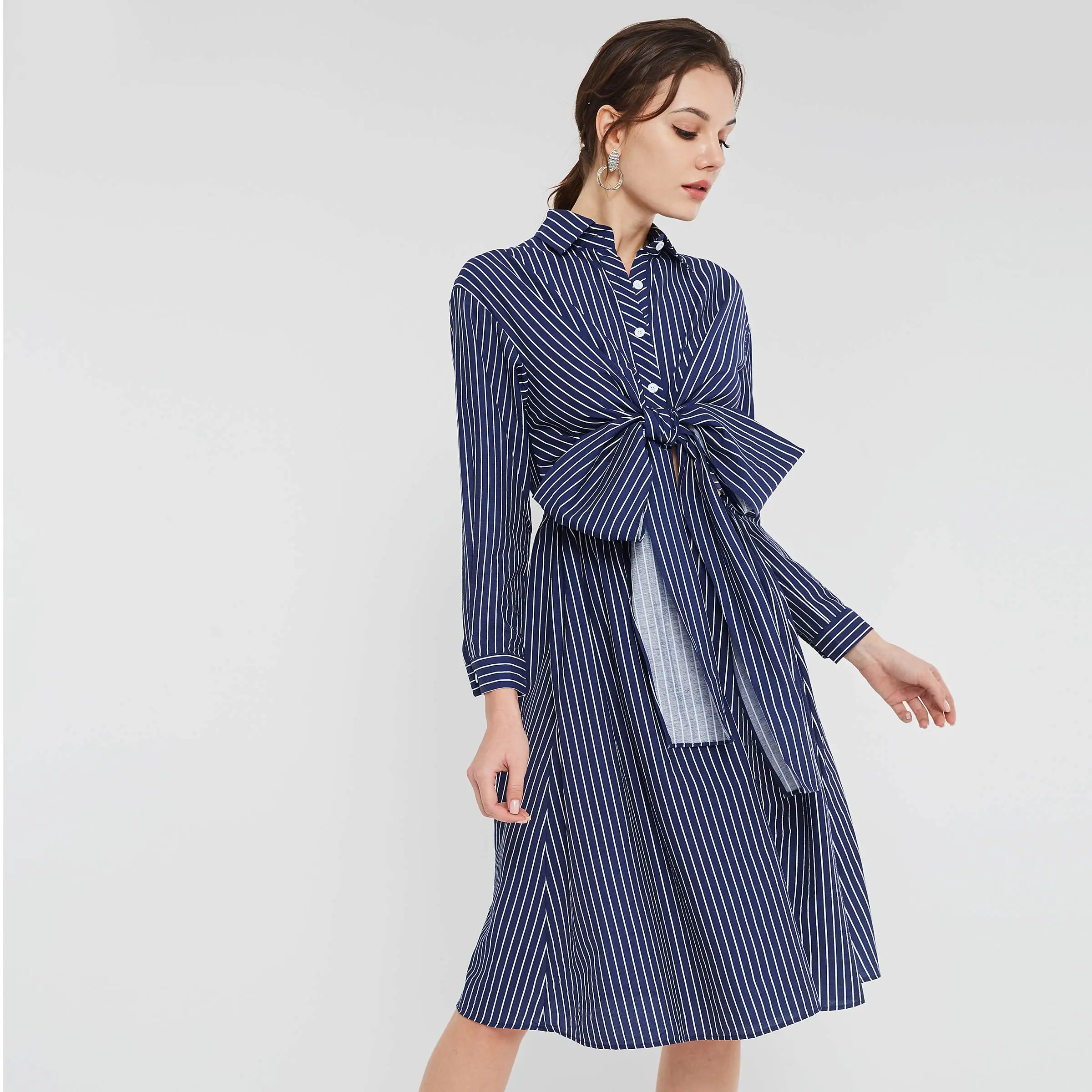 Женское офисное платье в Корейском стиле элегантное рубашка синюю полоску с