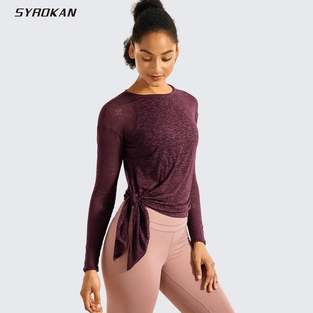 

SYROKAN Women's Burnout Long Sleeve Shirts Cotton Casual Tees Side Slit Yoga Tops