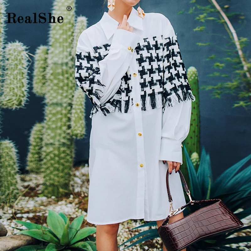 Женское трикотажное платье рубашка RealShe с длинными рукавами и отложным
