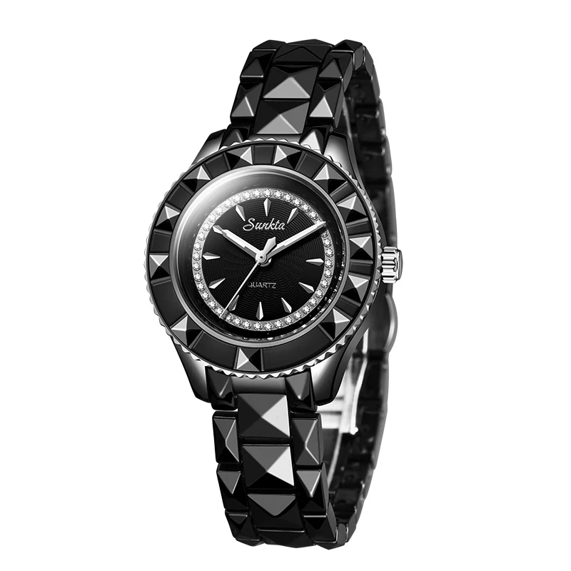Sliver black SUNKTA все черные керамические часы для женщин Дамская мода простые кварцевые часы для женщин лучший бренд класса люкс Женские часы Relogio Feminino - Color: Sliver black
