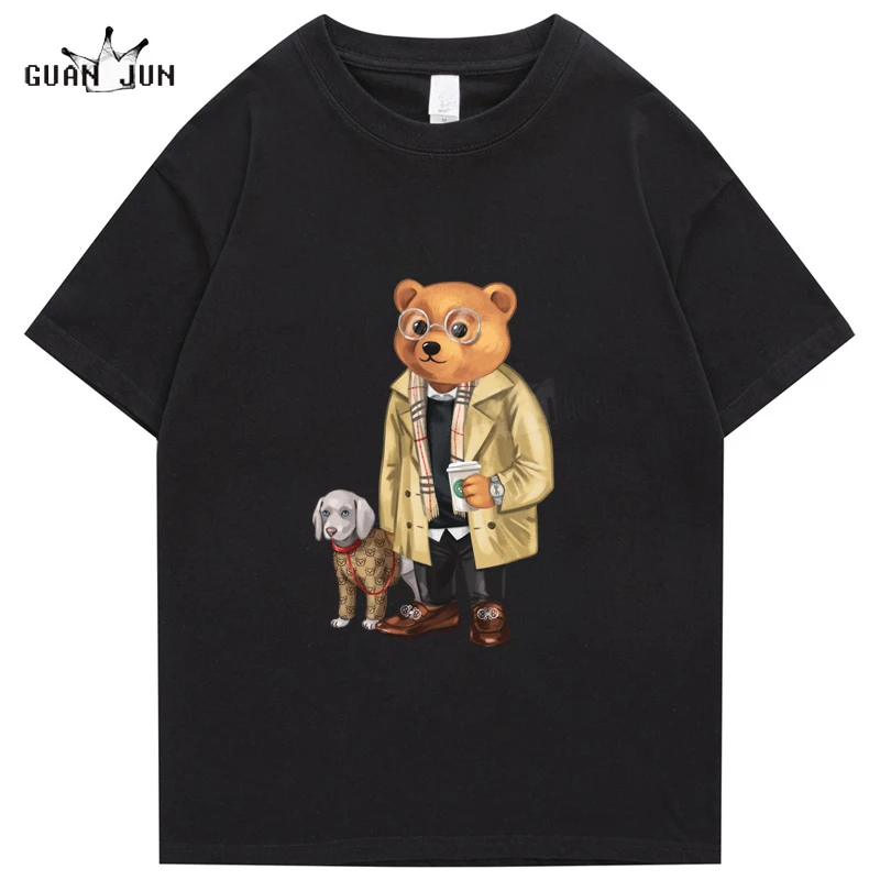 

Vintage Fashion USA Bear Print Oversized T Shirt Men and Women Aesthetic Streetwear Graphic Tees Khaki MaleTshirt Cute Tops
