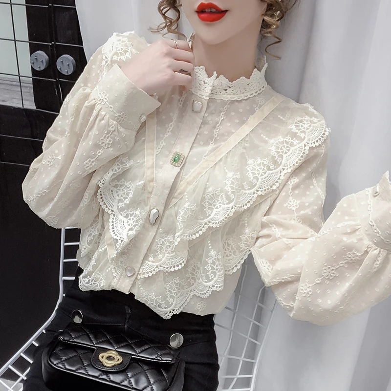 

2020 autumn Korean style temperament all-match thin lace chiffon female wood ears stand-up collar long-sleeved bottoming shirt