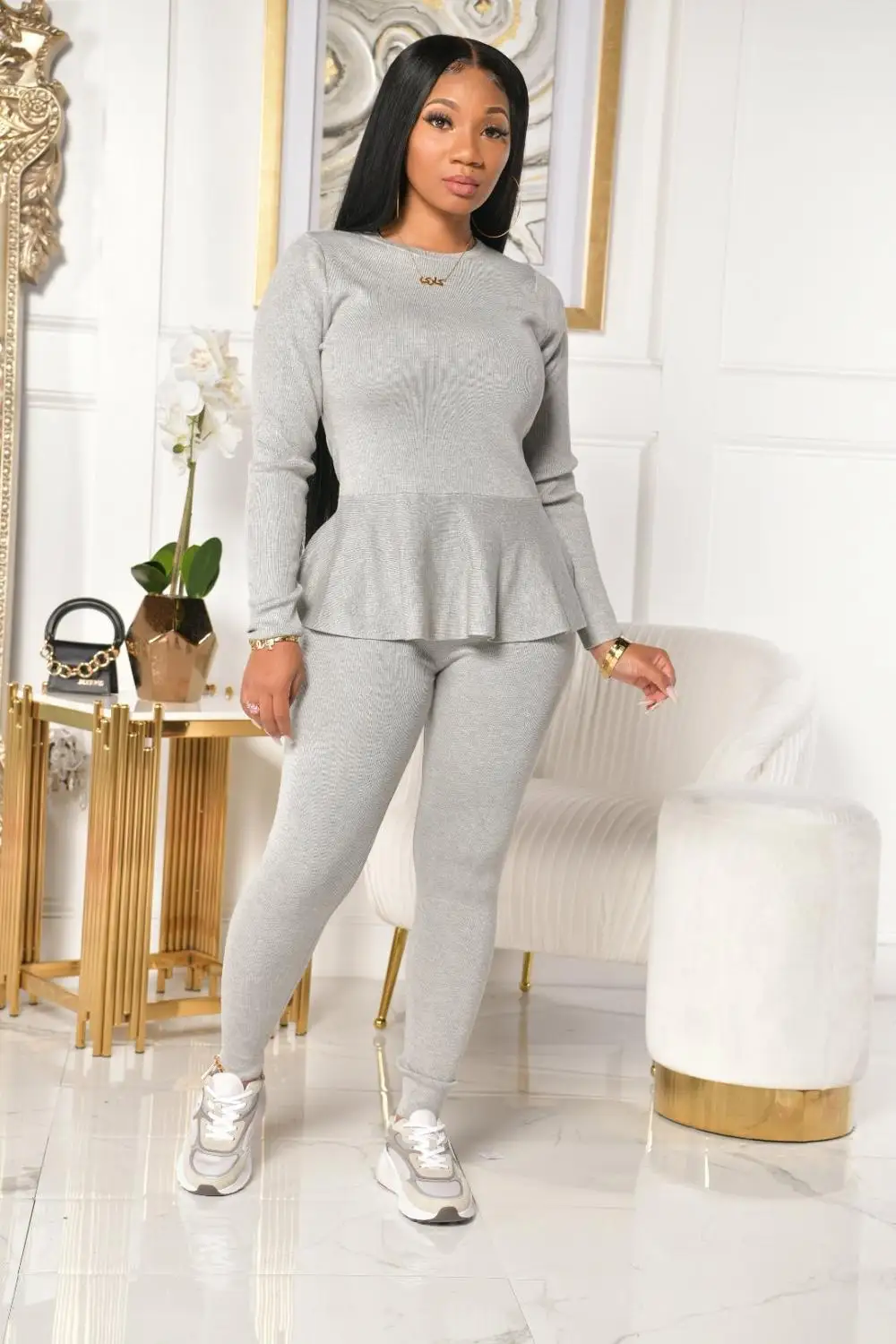 

2 Piece Set Women Lounge Wear Casual Ruffles Long Sleeve Bandage Tops Pencil Pants Sets Autumn Slim Solid Fashion Clothes