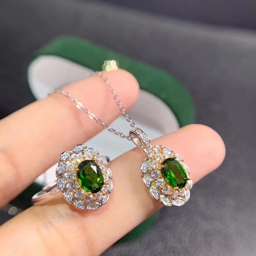 

CHARMING GREEN DIOPSIDE GEMSTONE RING AND NECKLACE JEWELRY SET ROUND NATURAL GEM GOOD COLOR COST EFFECTIVE GIRL BIRTHDAY GIFT