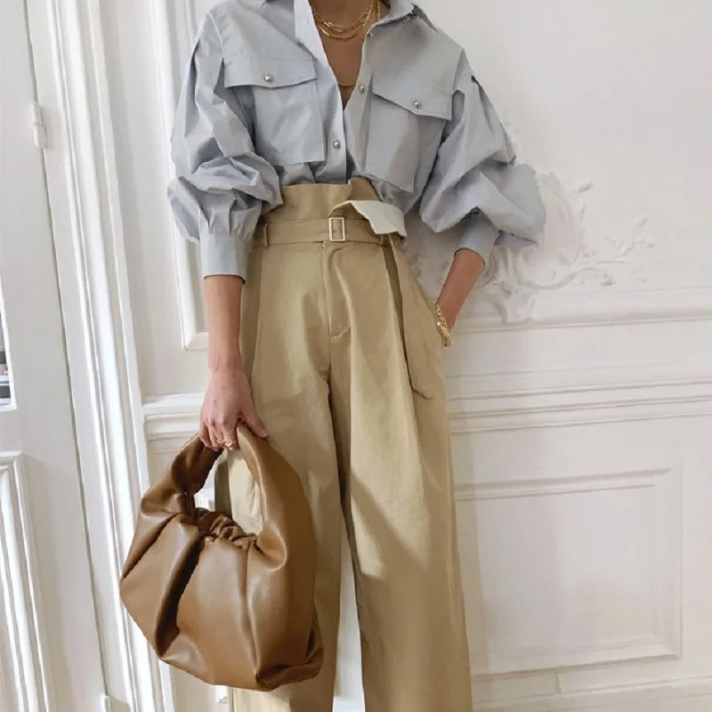 

New Chic Elegant Loose Single-breasted Shirts for Women 2021 Autumn New Fashion Full Sleeve Pockets Female Blouse Tops