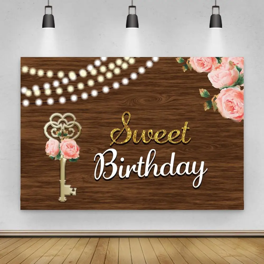 

Sweet Birthday Photography Backdrops Brown Wood Board Floral Decoration Newborn Baby Shower Table Backgrounds For Photo Studio