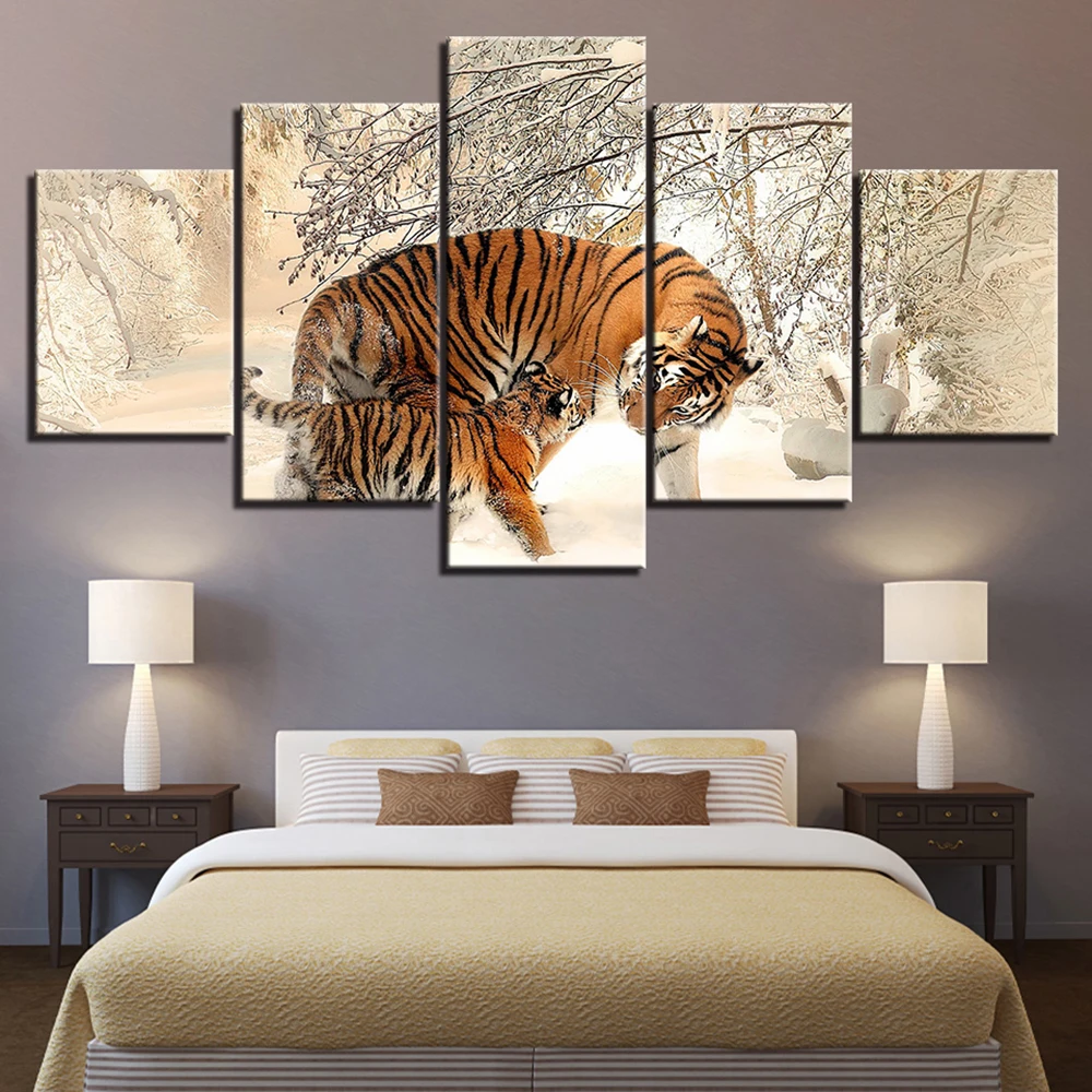 

5 Pieces Wall Art Canvas Painting Animal Poster Snow Tiger Cub Winter Modern Living Room Bedroom Home Decoration Modular Picture