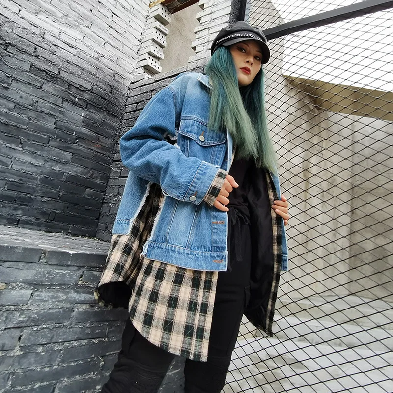 

Denim jacket women winter new style plus cotton thick plaid shirt denim stitching fake two-piece long-sleeved cardigan top