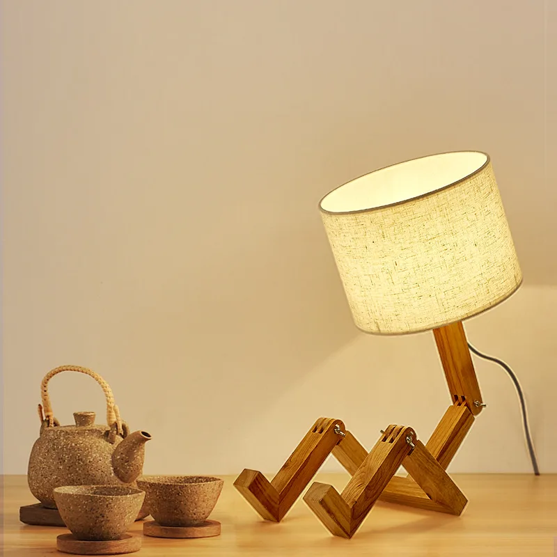 

Human-shaped Reading Lamp Bedroom Warm Decoration Wooden Art Led Eye Protection Tripod Light Creative Solid Wood Table Lamp