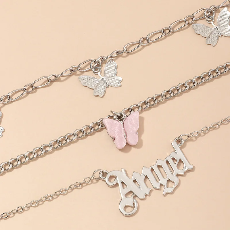 

Boho Multi-Layer Letter Butterfly Anklet 3 PCS Set Angel Letters Gold Color Pink Butterfly Women Charm Anklet Leg Foot Jewelry