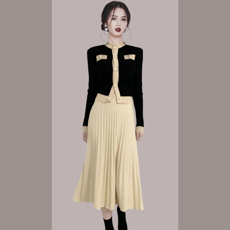 

Шикарный французский осенне-зимний Новый женский комплект из 2 предметов, полный облегающий вязаный свитер с круглым вырезом, кардиган, пал...