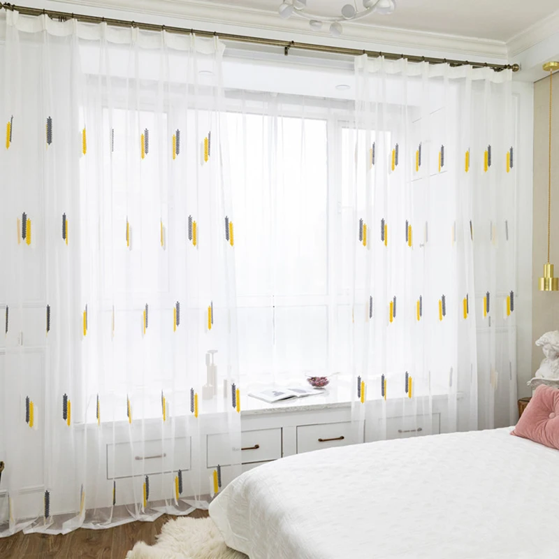 

Yellow and Gray Linen Embroidery Window Sheer Curtains for Bedroom Living Room White Sheer Voile Bay Window Balcony Screens Door