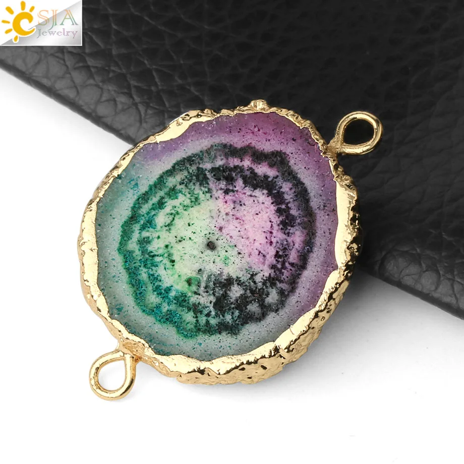 Разноцветный коннектор из натуральных кристаллов CSJA золотистый ободок плоские