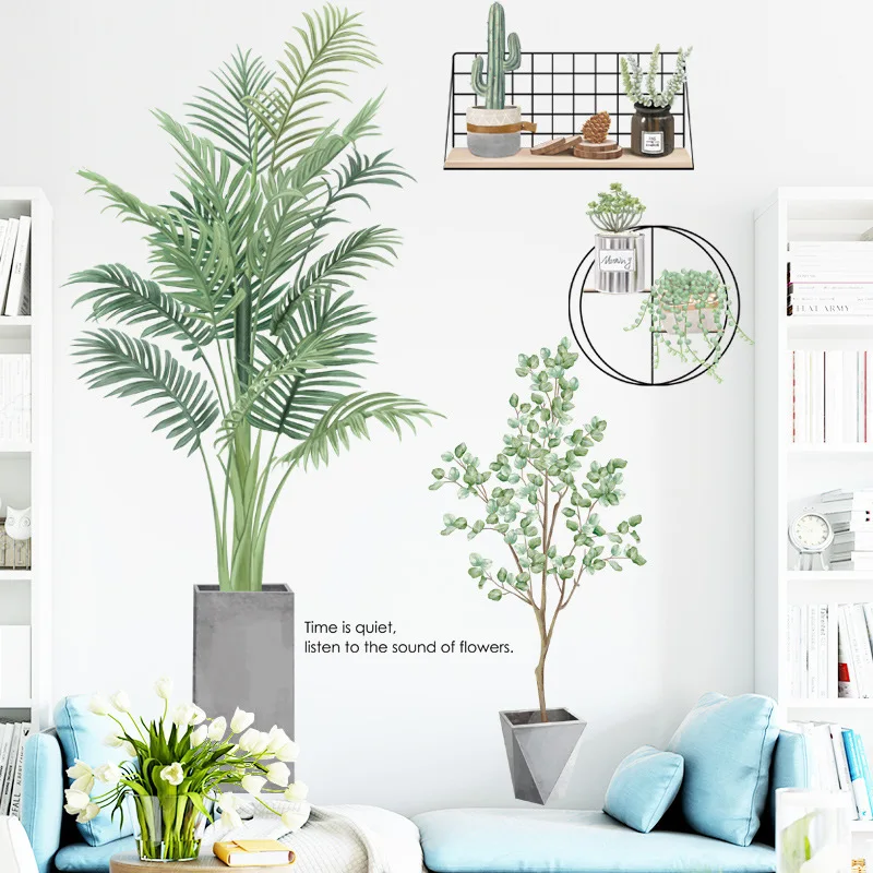 Large Green Tropical Plant Bonsai Stickers Wall Decal for Living Room Bedroom Decor Fresh Leaf Removable Vinyl Mural Art Decals | Дом и сад