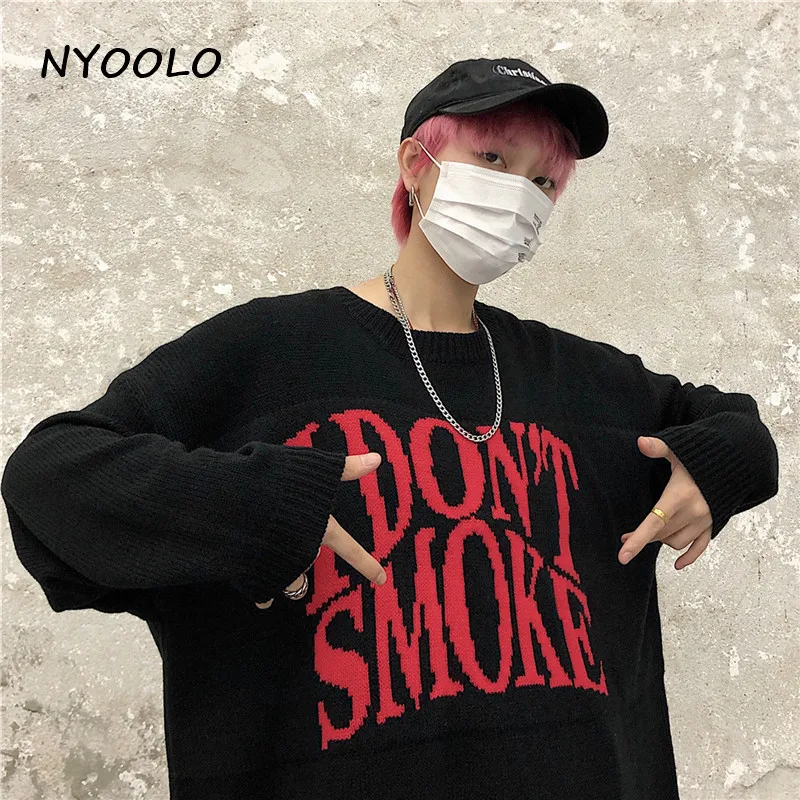 NYOOLO повседневный уличный жаккардовый свободный свитер с надписью «I't SMOKE», осенне-зимний пуловер с длинными рукавами и круглым вырезом, свитер для женщин и мужчин