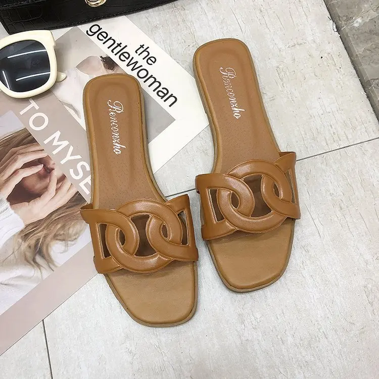 

Shoes Woman 2021 Slippers Flat Low Luxury Slides Designer Soft Basic Casual Fashion Fretwork Rubber Fabric Hoof Heels PU