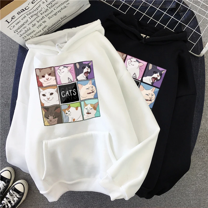 

Women sweatshirt casual Harajuku Long sleeve Loose Korean cat hoodie Cute top print black solid vintage tee dropshipping clothes