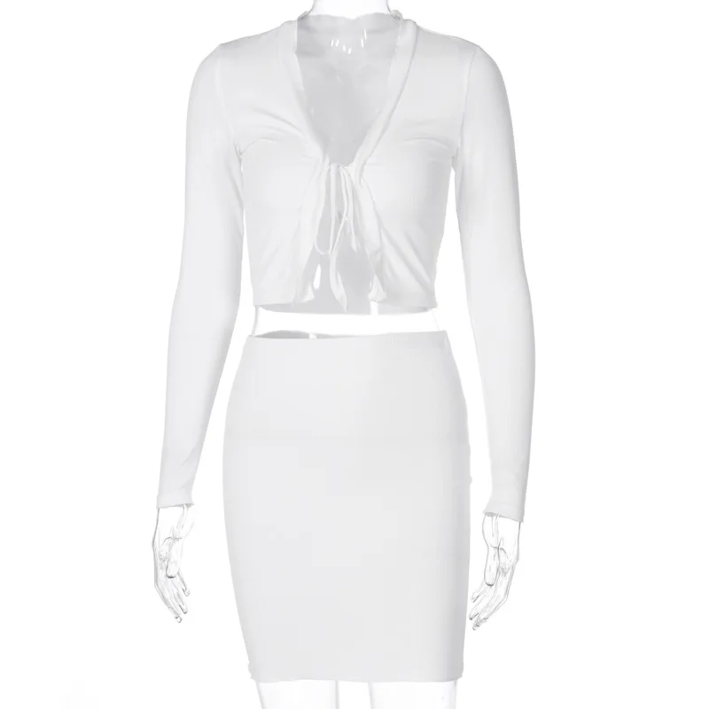 Solid Long Sleeve Two-piece set 2021 Slim Deep V-neck Drawstring Fit Crop Top and High Waist Skirt Mini Dress Casual Outfit |