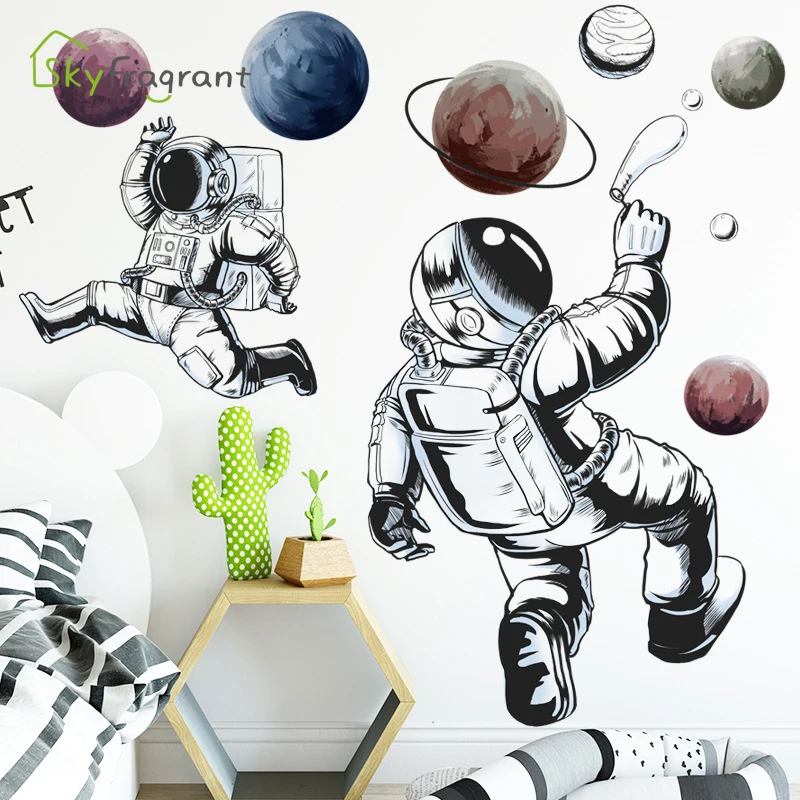 Cartoon Wall Sticker Astronaut Space Planet Boys Bedroom Decoration Living Room Decor Self-adhesive Stickers Home | Дом и сад