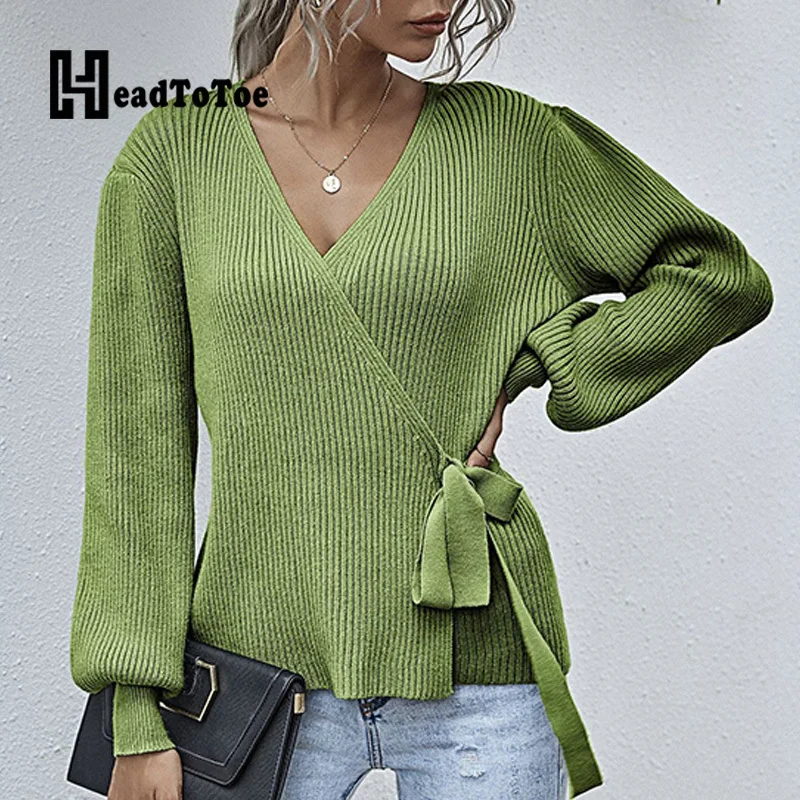 

Office Lady Lace Up V Neck Solid Knitted Sweaters Women Long Sleeve Casual Autumn Winter Pullover Tops