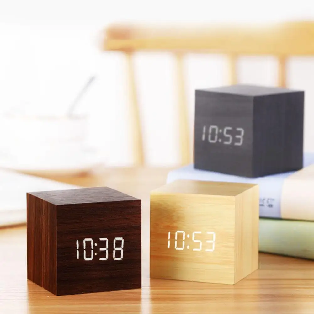 

Household Square Wooden Alarm Clock Minimalist Lazy Gift Bedside Electronic Clock Mini Voice Control Led Wooden Clock