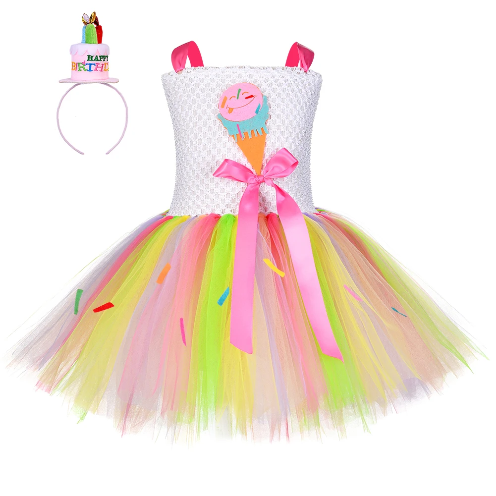 

Яркое платье-пачка для девочек с изображением мороженого, радужные конфетные платья для дня рождения для девочек, костюм для Хэллоуина и праздника, женский