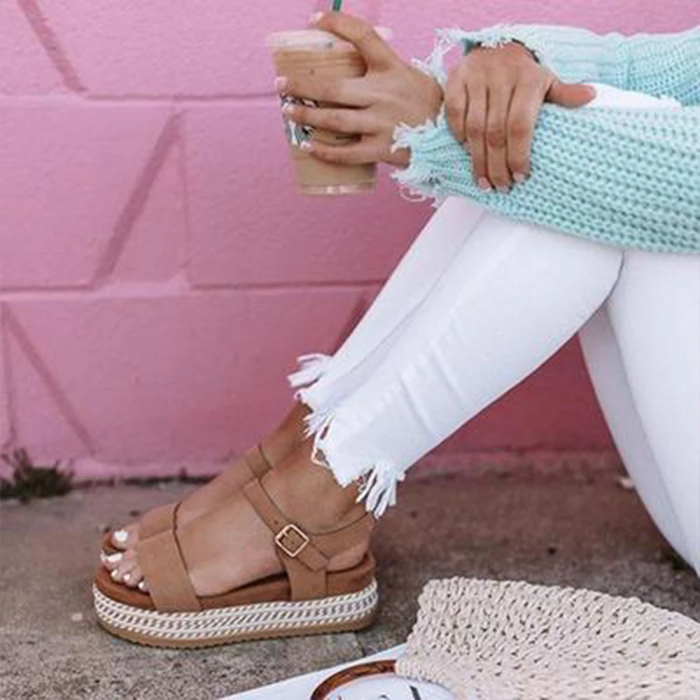 

Women Sandals 2020 New Summer Fashion Mid Heel Wedges Shoes Woman Slides Peep Toe Buckle Solid Lady Casual Shoes