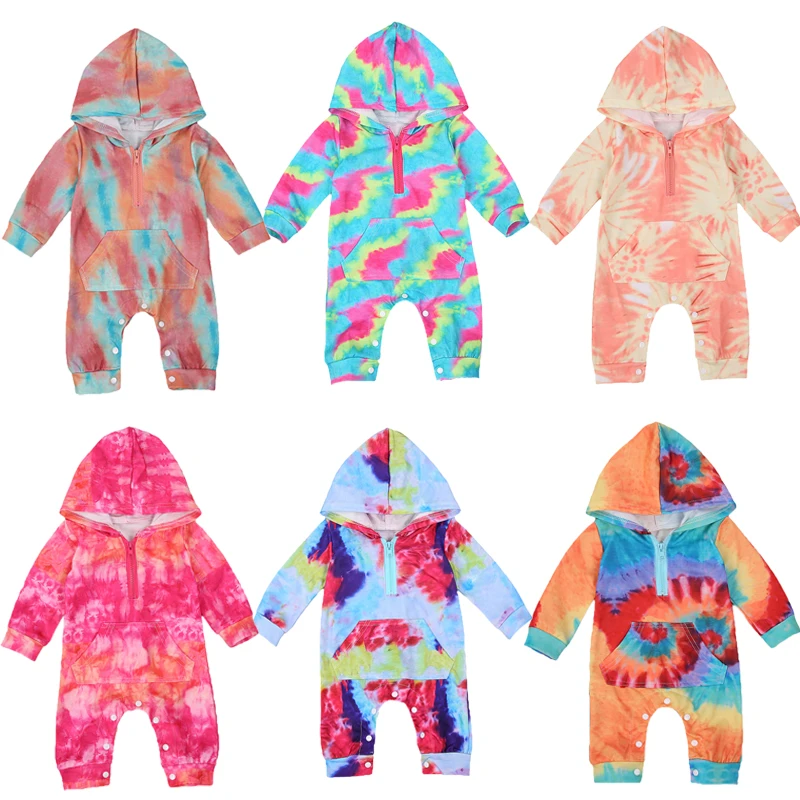 

Newborn Baby Girls Boys Tie-Dye Rompers Hooded Long Sleeve Print Autumn Causal Jumpsuits 6 Colors 0-24M