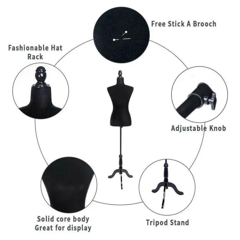 

Adjustable Female Mannequin Dress Torso Clothing Display /w Tripod Stand Black