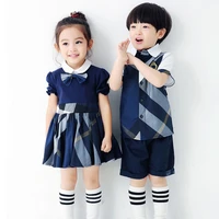 kid clothes set blue plaid shirt with blue shorts boys set summer girls set school uniforms brother and sister clothing 3 7t
