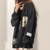 houzhou vintage patch designs oversized hoodie women y2k streetwear autumn korean fashion punk zip up hoodies couple casual tops