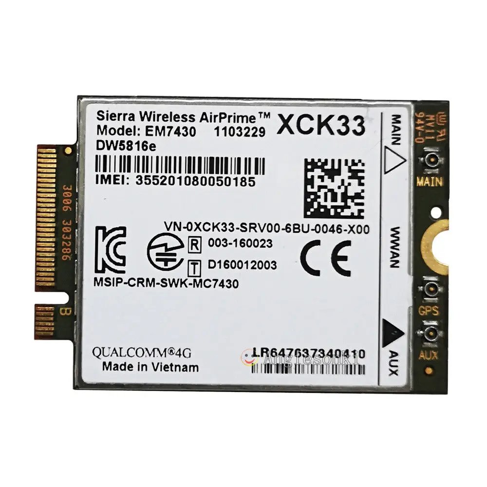 Snapdragon X7 LTE XCK33/PKWT8 Sierra EM7340 3G 4G WWAN Card Module for Dell DW5816e 7380 3520 E5570 E5270 E7470 7720 5480 5280